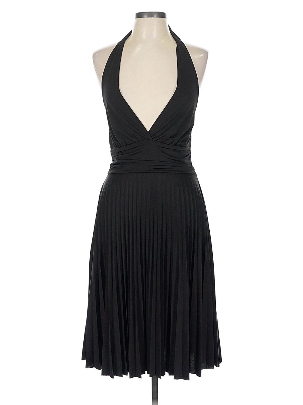 Halter V-Neck Pleated Black Midi Dress - Women